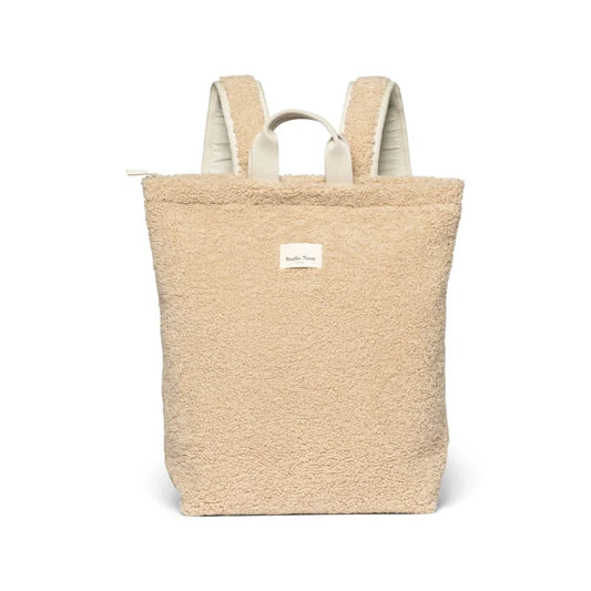 Beige plüsch Rucksack mit verstellbaren Trägern und Logo-Patch in ecru