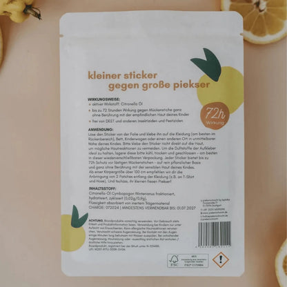 Mückenschutz Cool Kids Club Edition: weißes Paket mit Zitronenmotive und Anleitung