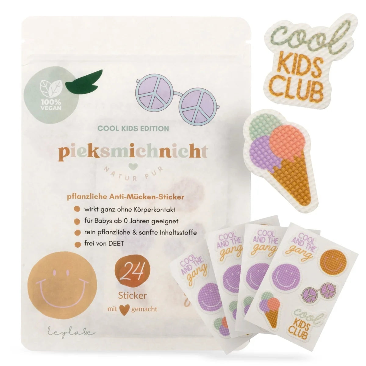 24 vegane Anti-Juckreiz-Sticker Cool Kids Club Edition in Klarsichtbeutel