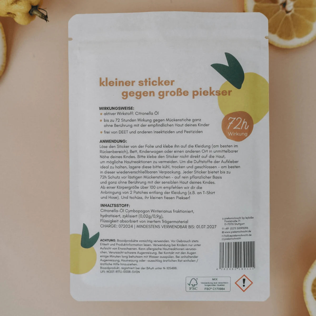 Weißes Päckchen Zitronen-Mückenschutz-Sticker Space Edition, Zitrus-Design, deutscher Text