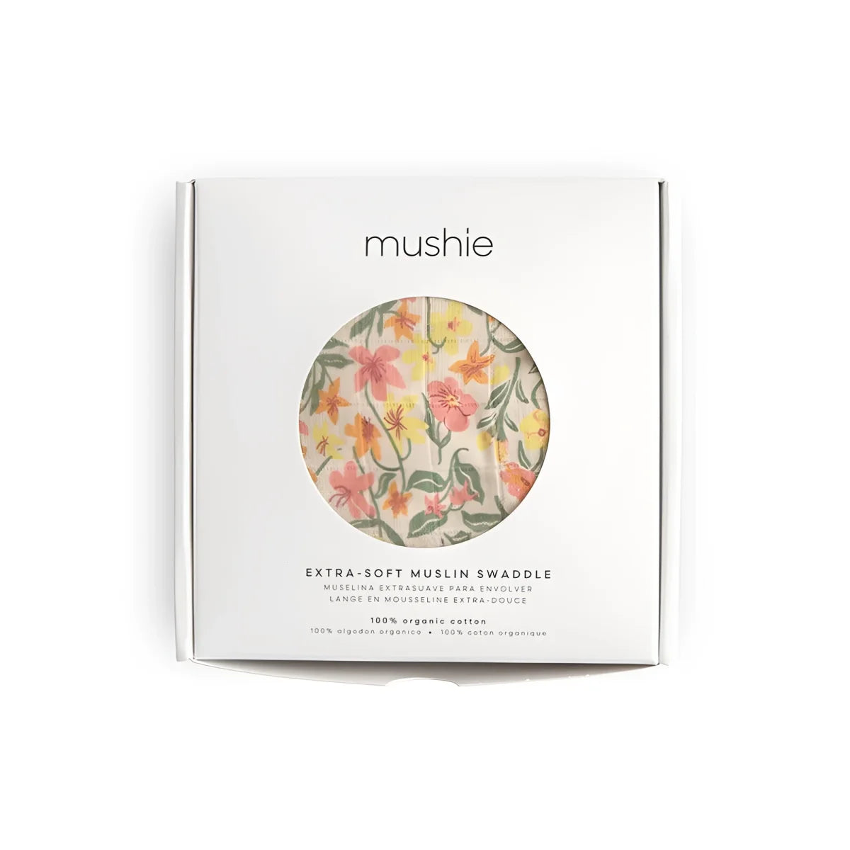 Mushie extraweiches muslintuch mit pastellblumenmuster in rosa gelb und orange auf hellem hintergrund
