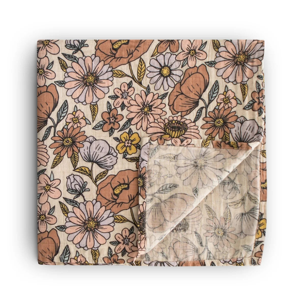Floral gemustertes Textil mit umgeklappten Ecken und einfarbigem Innenbereich