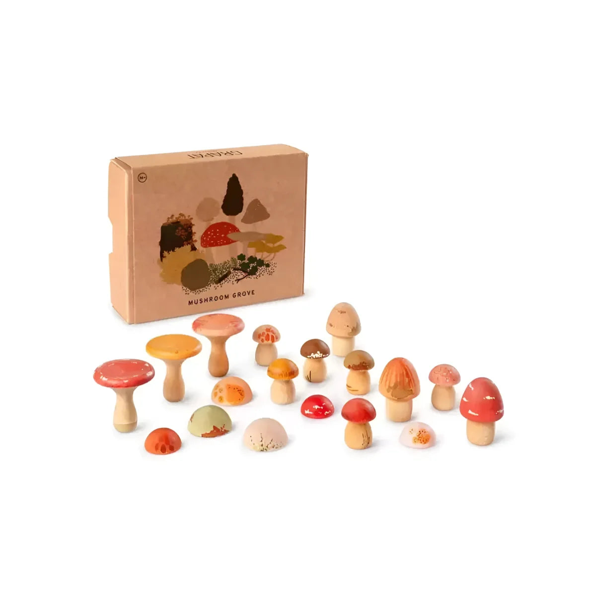 Set bunter Holzpilzspielzeuge Mushroom Grove mit naturbelassenen Stielen und rot-orange-braun bemalten Köpfen