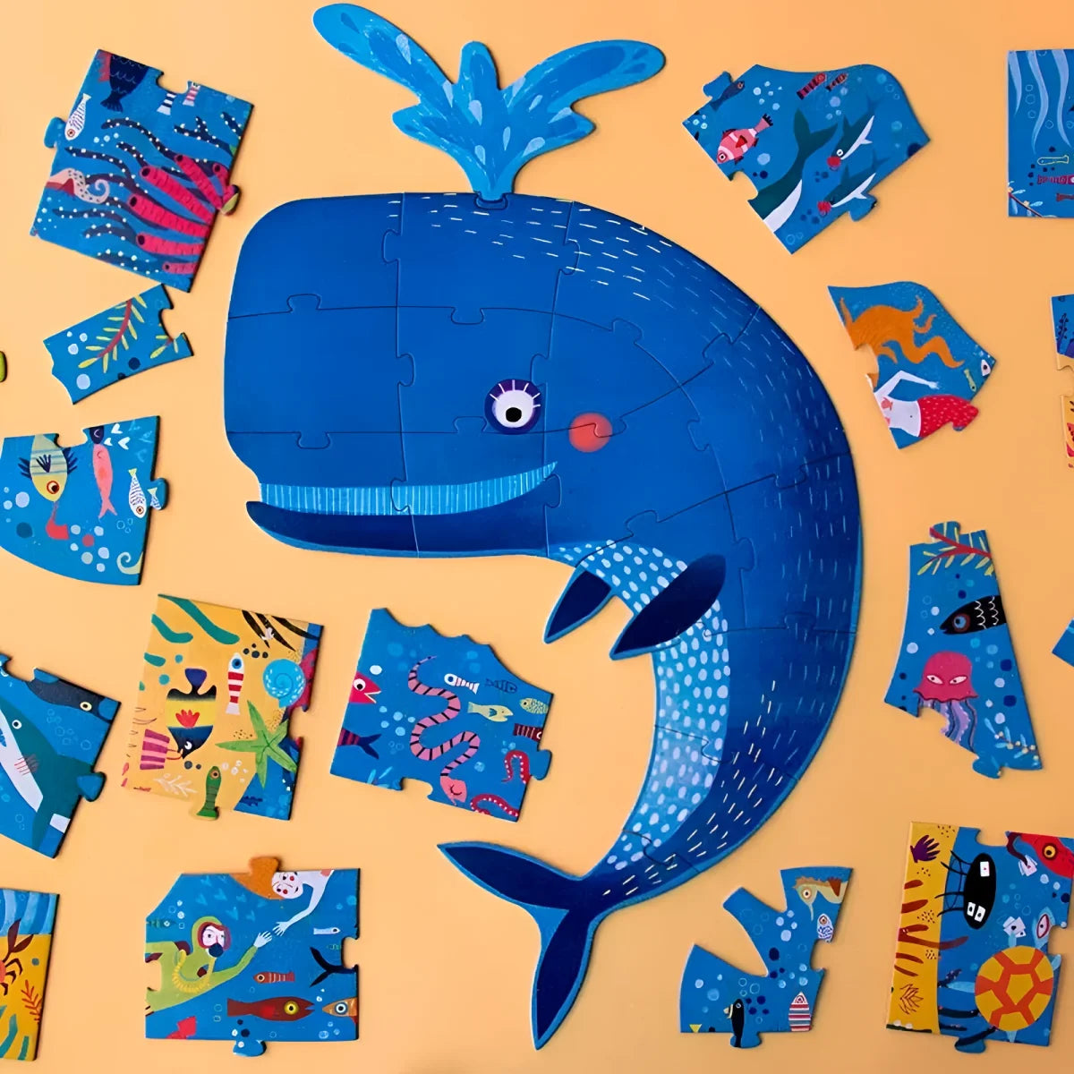 Fröhlicher blauer Cartoonwal umgeben von Puzzlestücken in My Big Blue Puzzle