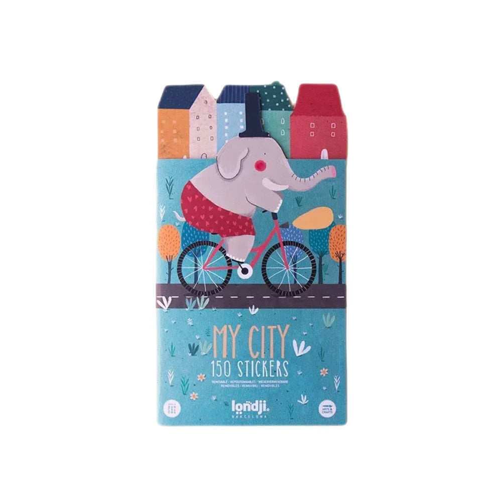 Bunte Stickerbuch mit Elefant auf dem Fahrrad Titelbild von My City Stickers