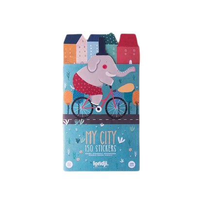 Bunte Stickerbuch mit Elefant auf dem Fahrrad Titelbild von My City Stickers
