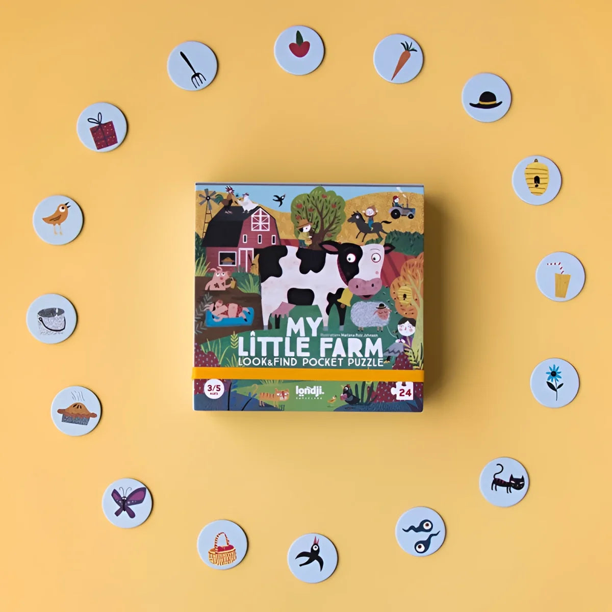 Bunte My Little Farm Pocket Puzzle Box mit Kuh und Bauerszenen