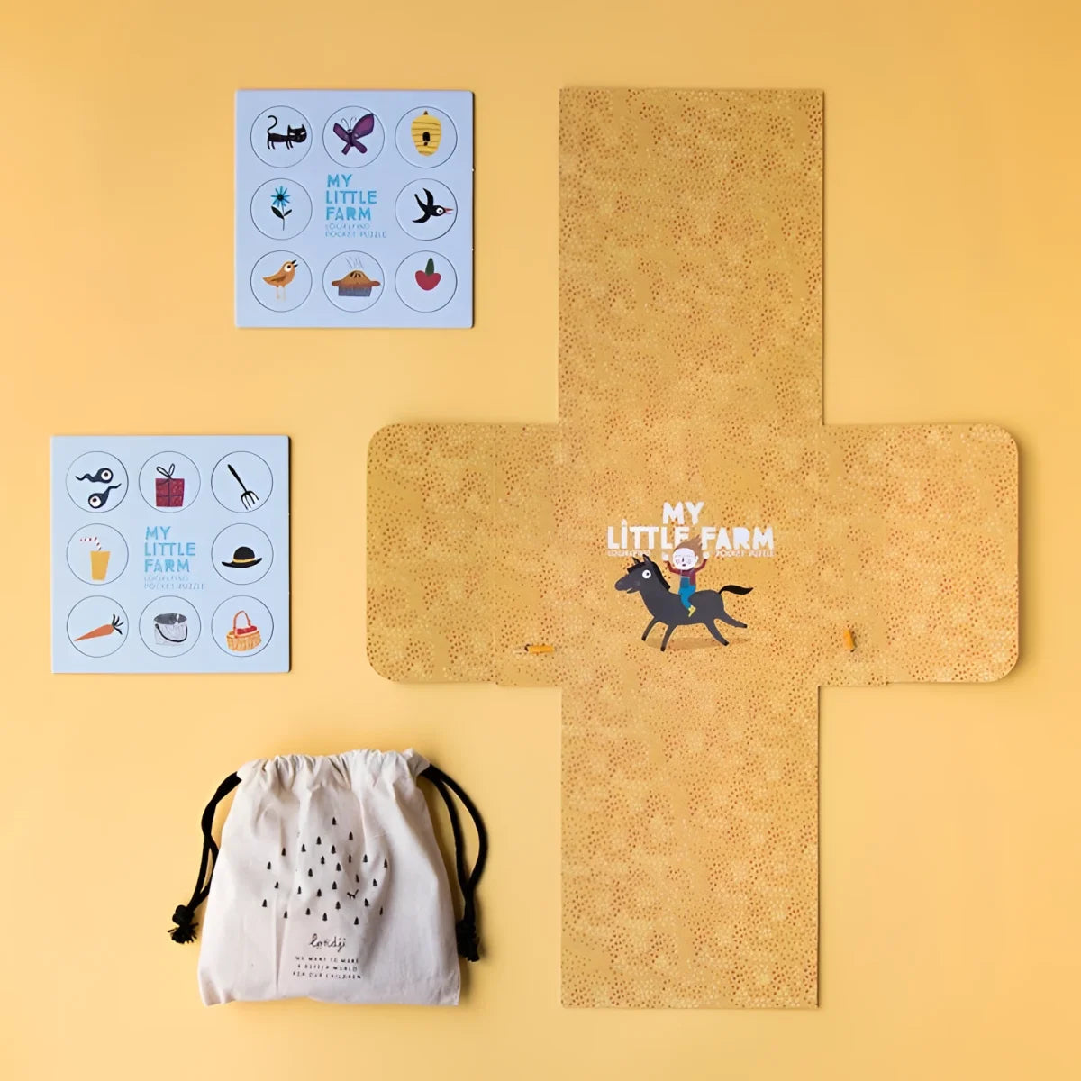 Beige Korktafel mit Cartoon-Kind auf Pferd und Text My Little Farm für Pocket Puzzle
