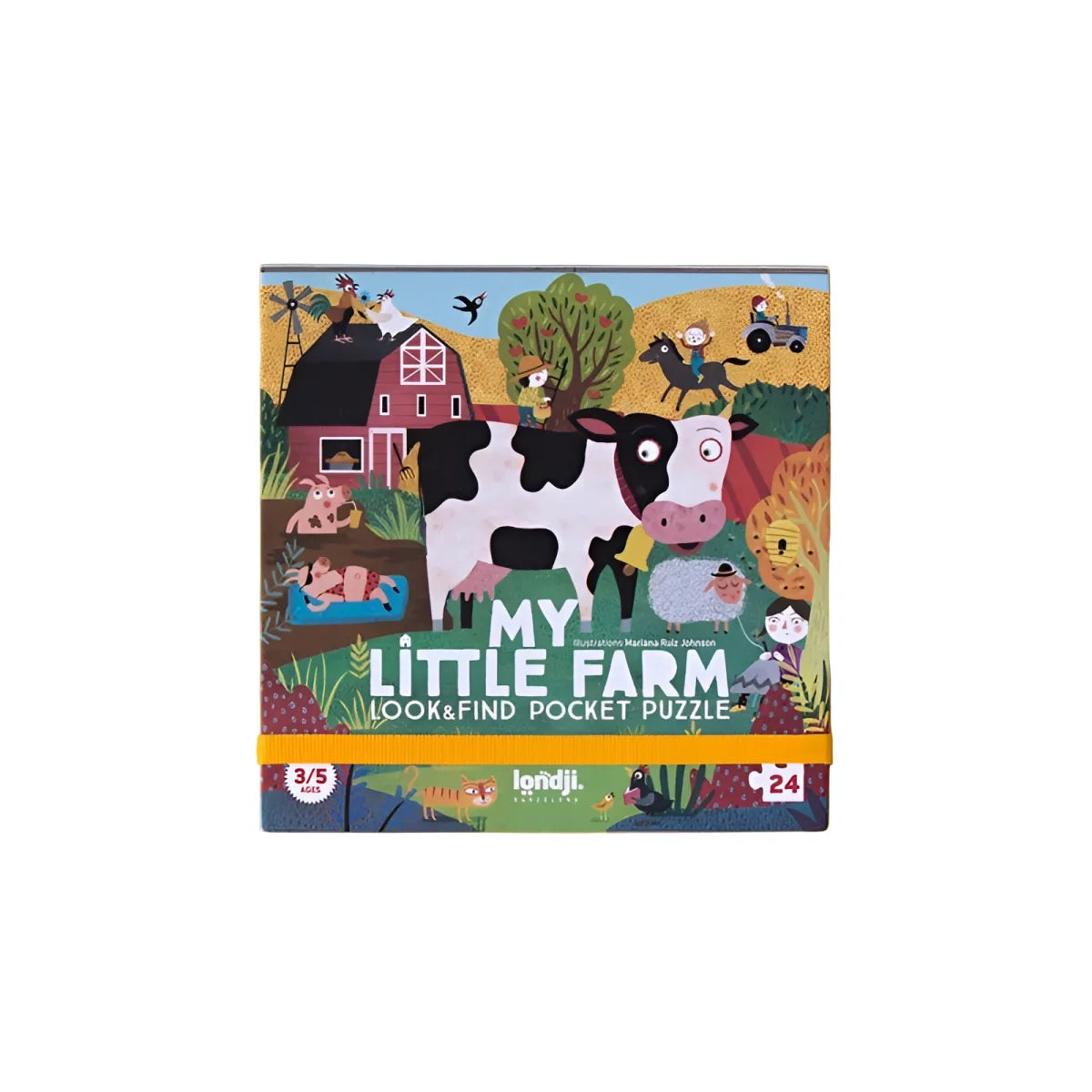 Bunte Verpackung des My Little Farm Pocket Puzzles mit Kuh und Tieren