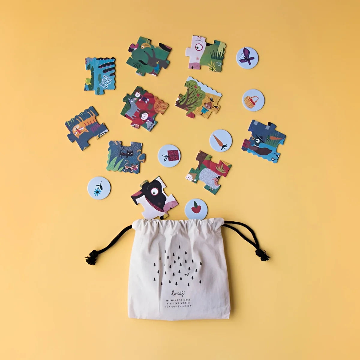 Londji My Little Farm Puzzle: Cremefarbene Tasche mit Pinie-Vogel-Motiv