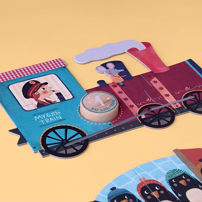 Bunte Papierzug-Ausschnitt mit illustrierten Charakteren in den Fenstern von My Little Train Puzzle