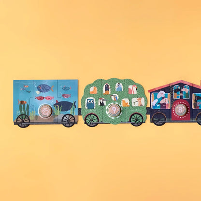 Drei bunte Zugfahrzeuge mit fantasievollen Fischen, Tieren und Fenstern im My Little Train Puzzle