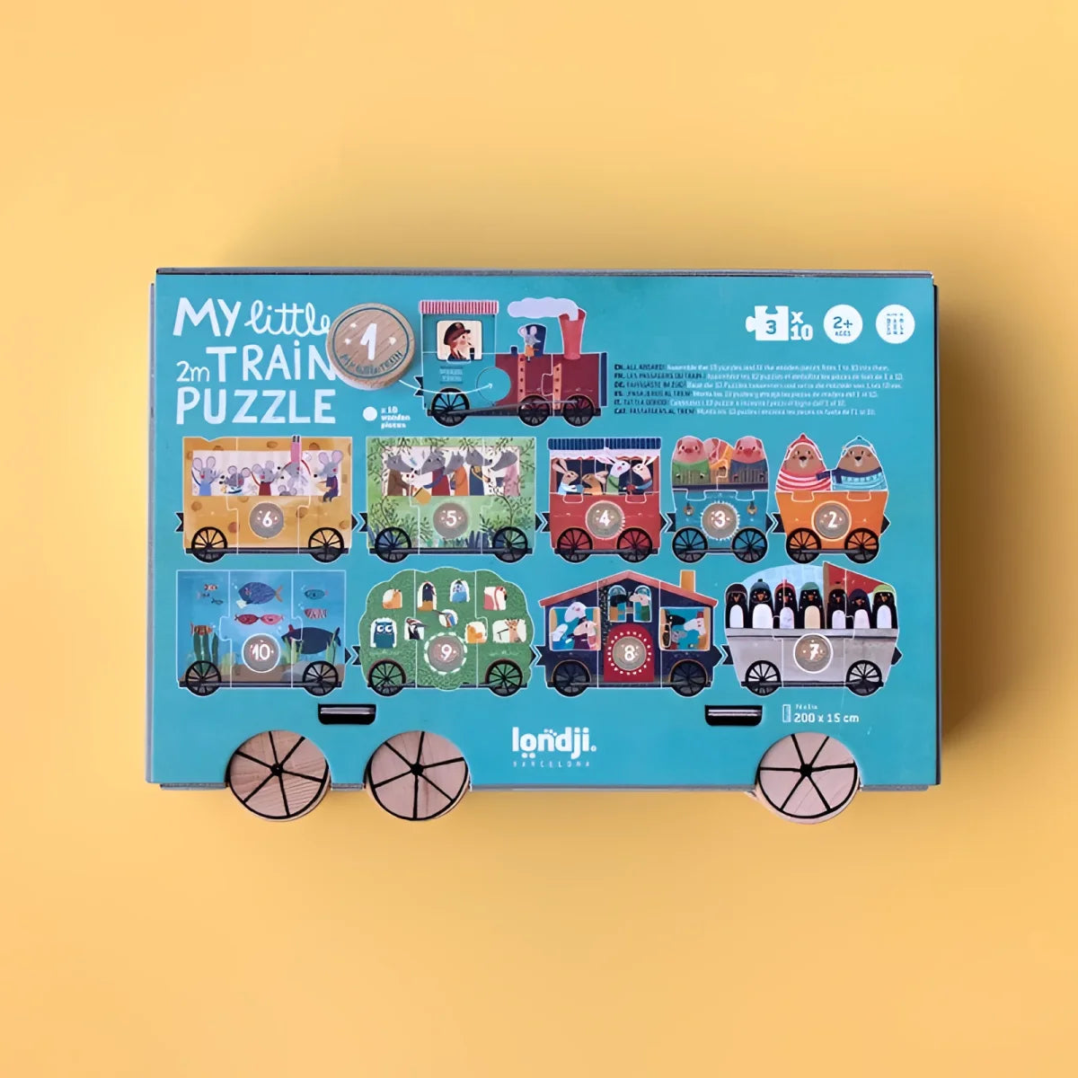 Bunte Zug-Puzzlebox mit fantasievollen Illustrationen und verbundenen Waggons