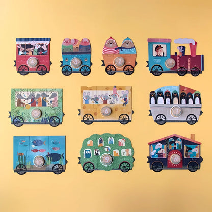 Bunte Zugwagen-Foto-Rahmen in Reihen für das My Little Train Puzzle