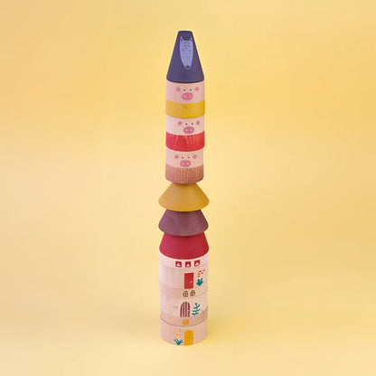 Bunter Holz-Turm mit Schweinchen-Gesichtern und Burg-Design für Mein Drei Kleine Schweinchen