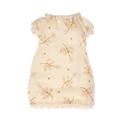 Zartes cremefarbenes Puppenkleid mit rosa Blumenstickerei und Goldpunkten