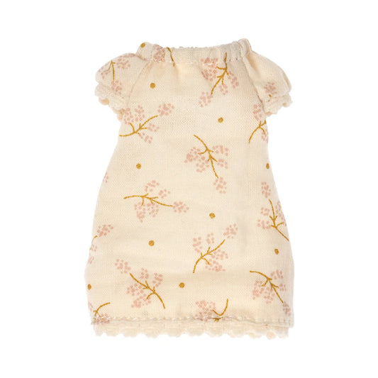 Zartes cremefarbenes Puppenkleid mit rosa Blumenstickerei und Goldpunkten