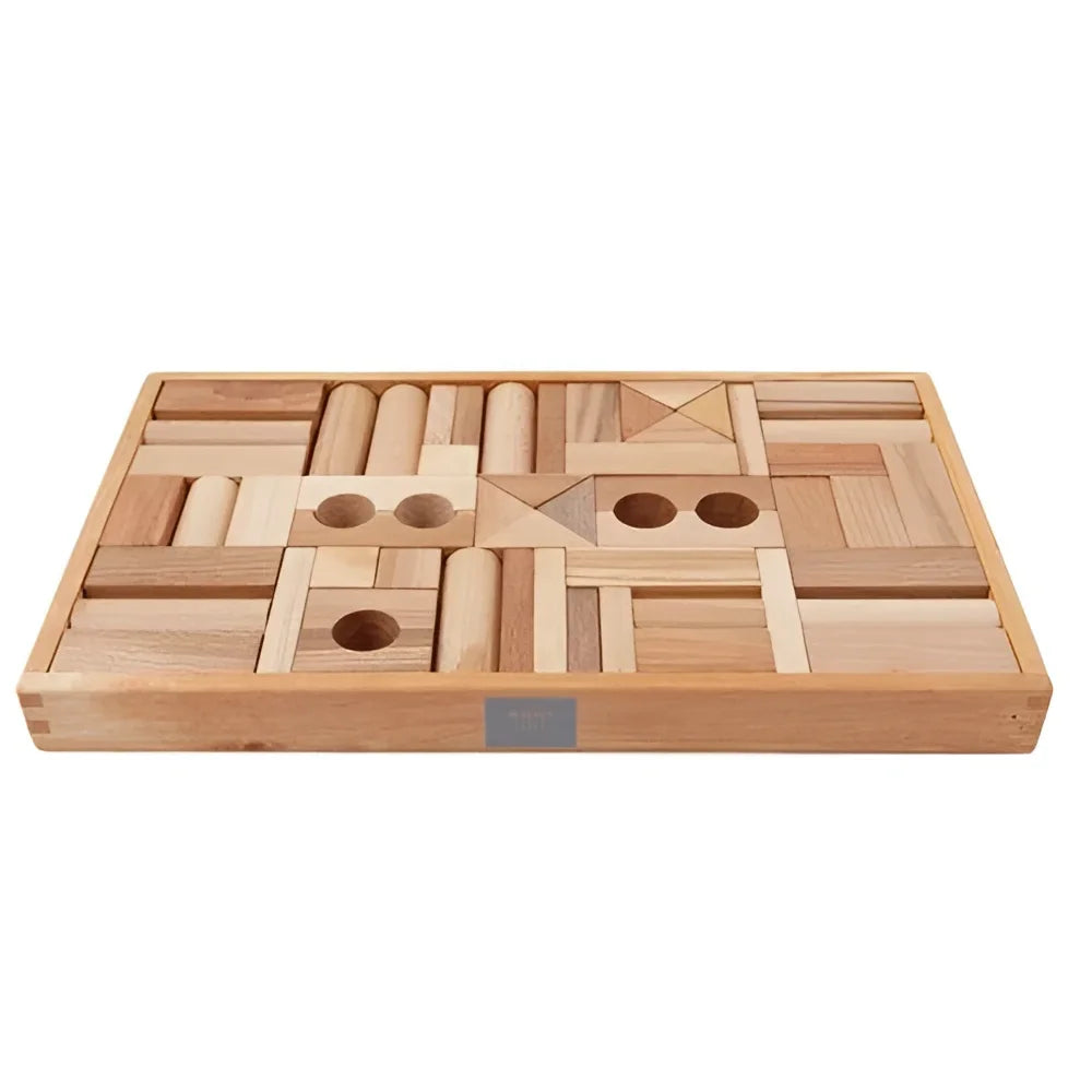 Natürliche Holzbausteine in verschiedenen Formen und Grössen im passenden Holztablett, 54 Stk.