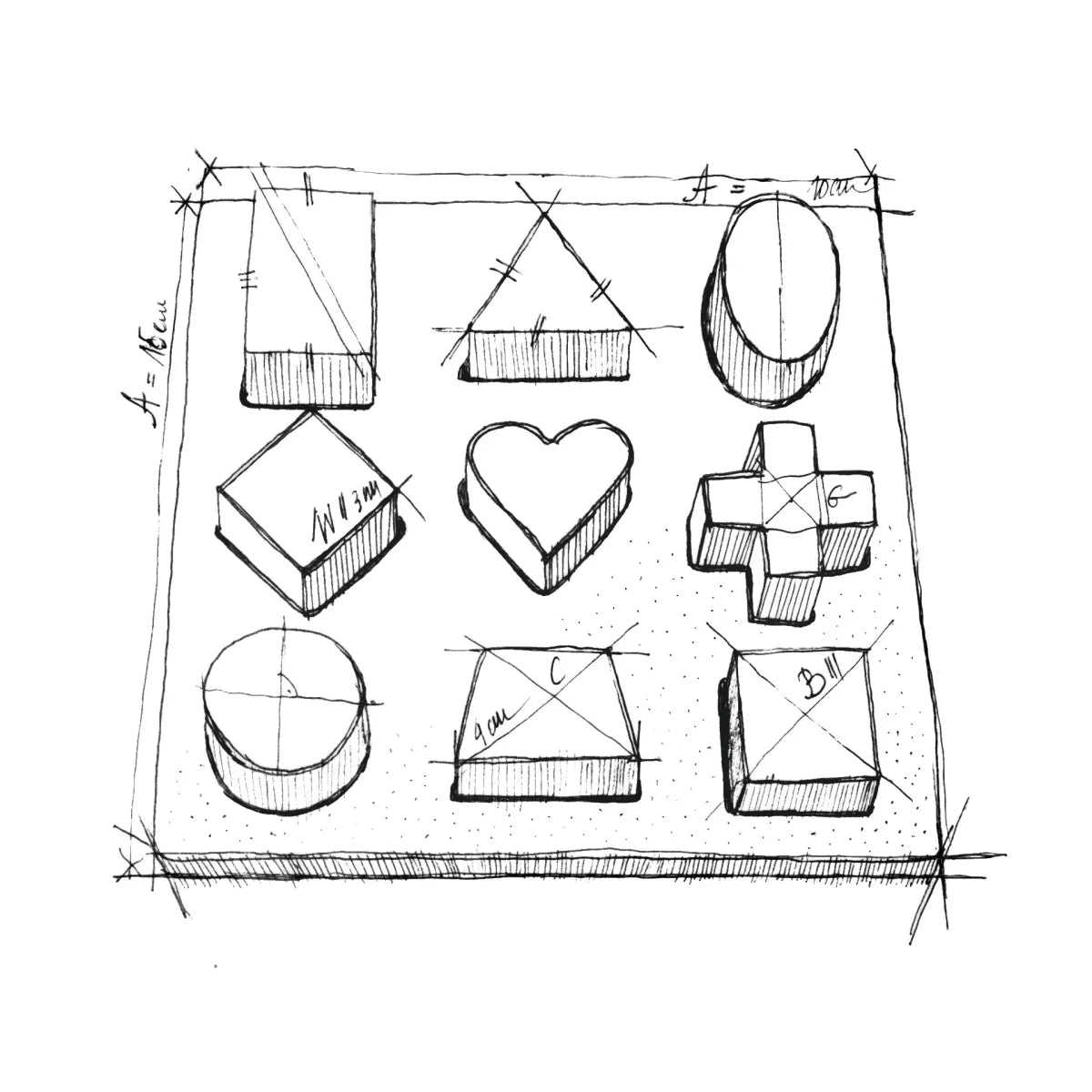 Handgezeichnetes skizzenbild des natural shape puzzle boards mit beschrifteten geometrischen formen für ökologische