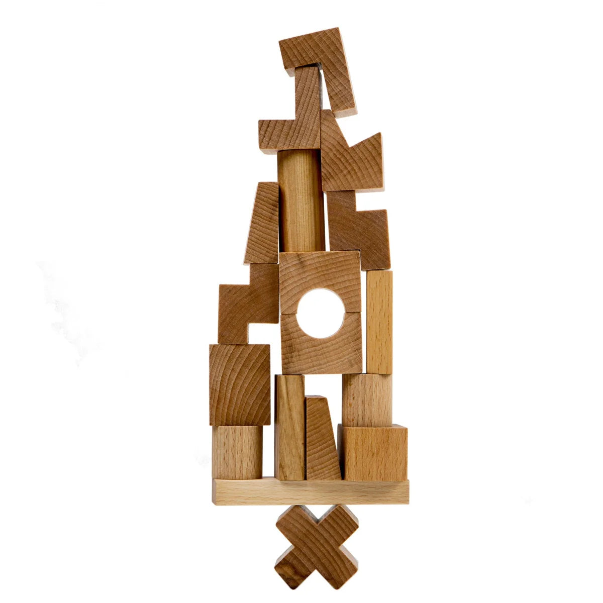 Natural Stacking Tower aus Holz mit geometrischen Formen und zentralem Quadrat mit Loch