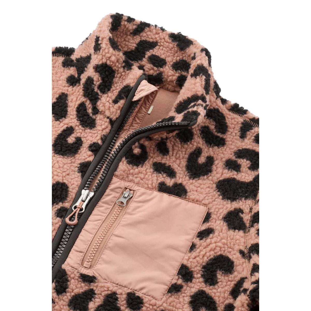 Nelson adult pile jacket in blush-pink and black leopard print fleece with high collar and front zipper