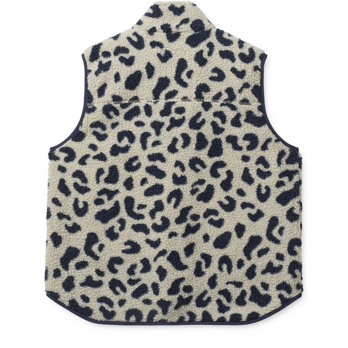 Creamfarbene fleeceweste mit schwarzem leopardenmuster und dunkelblauem besatz nilu adult pile vest mega leo mist mix