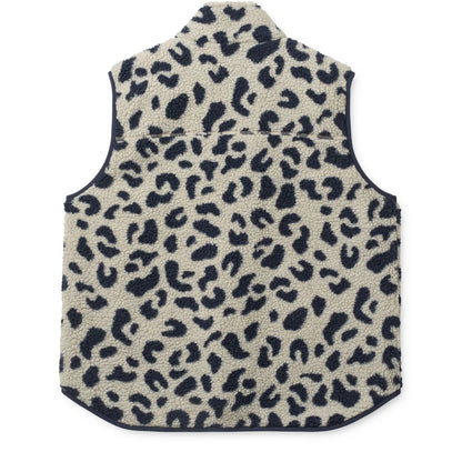 Creamfarbene fleeceweste mit schwarzem leopardenmuster und dunkelblauem besatz nilu adult pile vest mega leo mist mix