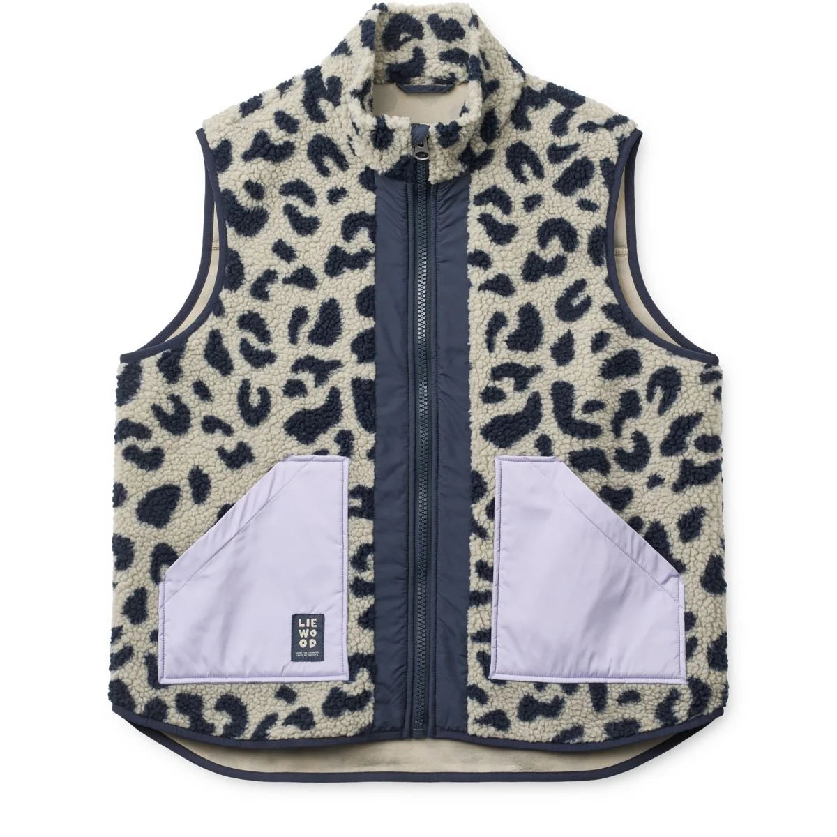 Nilu Adult Pile Vest Mega Leo Mist Mix aus cremefarbenem Fleece mit schwarzem Leopardenmuster und marineblauem