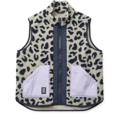 Nilu Adult Pile Vest Mega Leo Mist Mix aus cremefarbenem Fleece mit schwarzem Leopardenmuster und marineblauem
