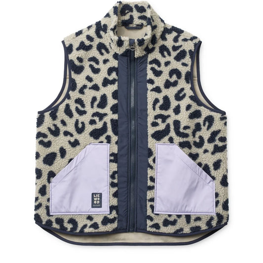 Nilu Adult Pile Vest Mega Leo Mist Mix aus cremefarbenem Fleece mit schwarzem Leopardenmuster und marineblauem