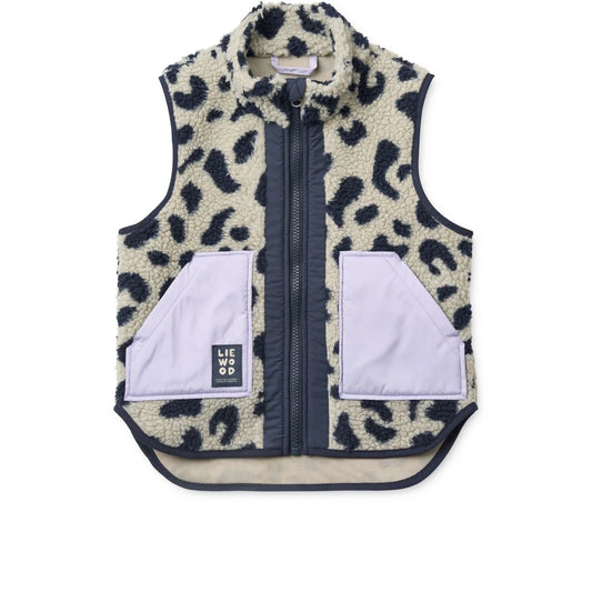 Cremefarbene Fleeceweste Noam Pile Vest Mega Leo Mist Mix mit Leopardenmuster, marineblauen Akzenten und lavendelfarbenen