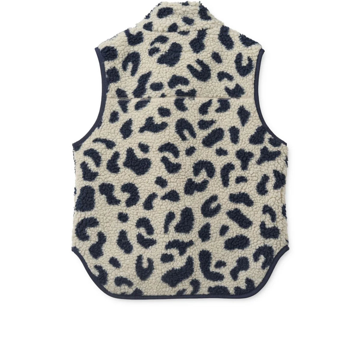 Creamfarbene shearlingweste mit schwarzem leopardenmuster und dunkelblauer einfassung noam pile vest mega leo mist mix