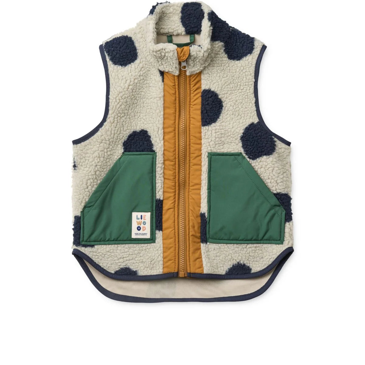 Noam Pile Vest Spot Dots Mist aus cremefarbenem Fleece mit marineblauen Punkten, grünen Aufsatztaschen und senfgelbem