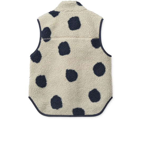 Creamfarbene noam pileweste mit marineblauen punkten und dunklem rand aus fleece