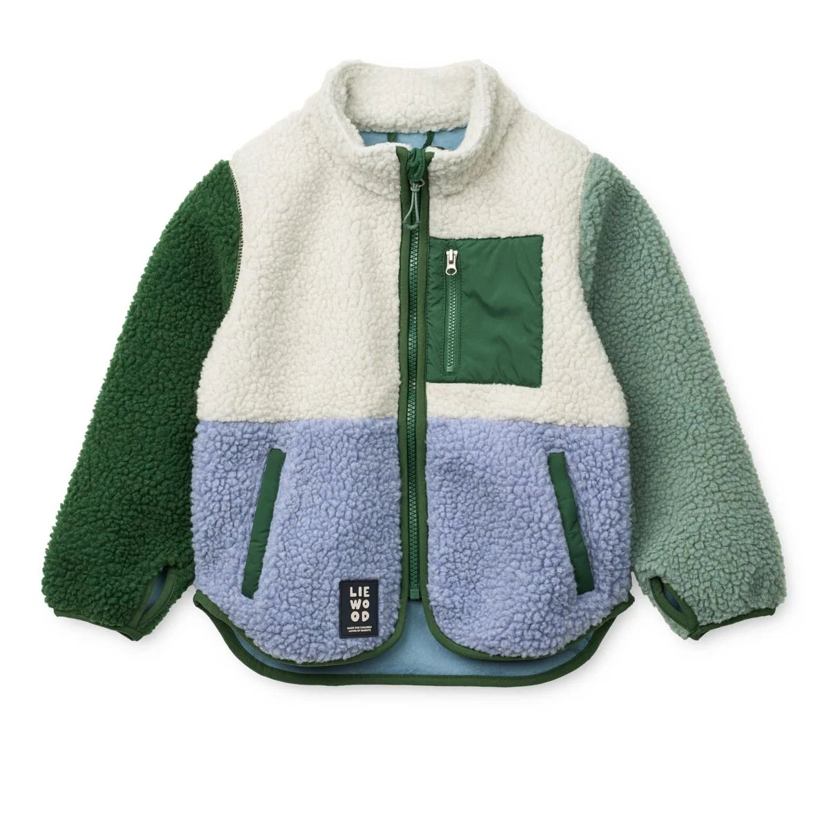 Gemütliche Nolan Fleecejacke in dusty lavender multi mix mit cremefarbenem Oberteil, grünen Ärmeln und lavendelfarbenem