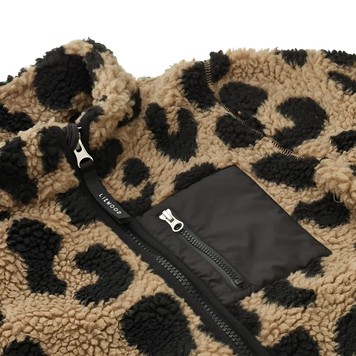 Nolan Fleecejacke in Mega Leo/Oat Mix: tan-schwarze Leopard-Print-Fleecejacke mit Reißverschluss und Tasche