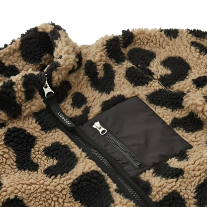 Nolan Fleecejacke in Mega Leo/Oat Mix: tan-schwarze Leopard-Print-Fleecejacke mit Reißverschluss und Tasche