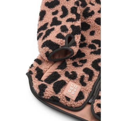 Nolan fleecejacke mega leo pale tuscany in rosa und schwarz mit weichem, kuscheligem leopardfell-print aus fleece