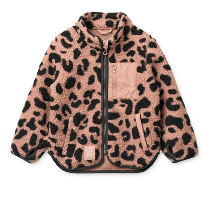 Nolan Fleecejacke Mega Leo Pale Tuscany in Rosa-Schwarz mit Leopardenmuster, kontrastierender beiger Tasche
