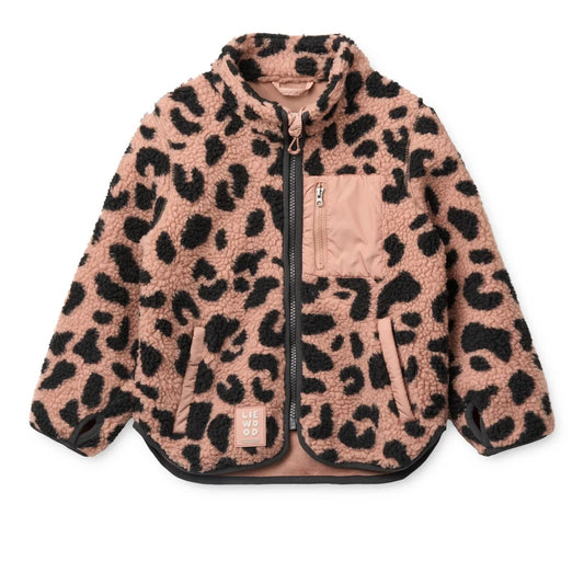 Nolan Fleecejacke Mega Leo Pale Tuscany in Rosa-Schwarz mit Leopardenmuster, kontrastierender beiger Tasche