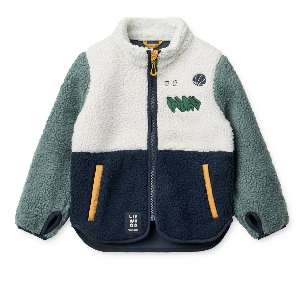 Nolan Fleecejacke Play Mix in drei Farben aus Sherpa-Fleece mit weissem Brustpaneel, grüner Play-Stickerei