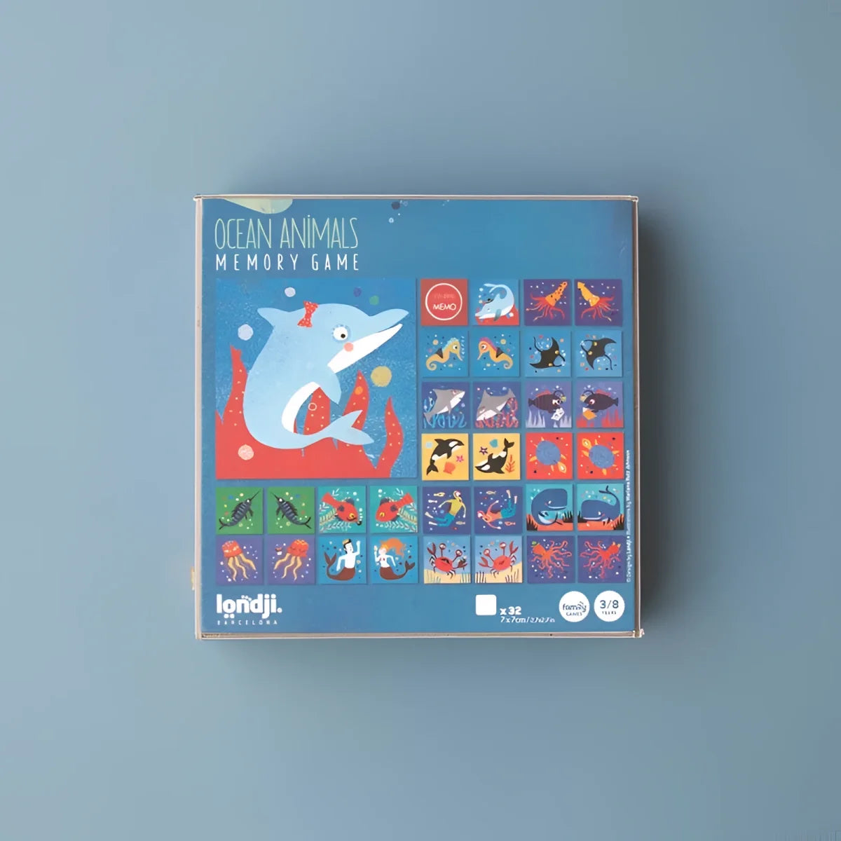 Blaue Kartonbox für Londji Ozean-Tiere Gedächtnisspiel mit Delfin-Motiv