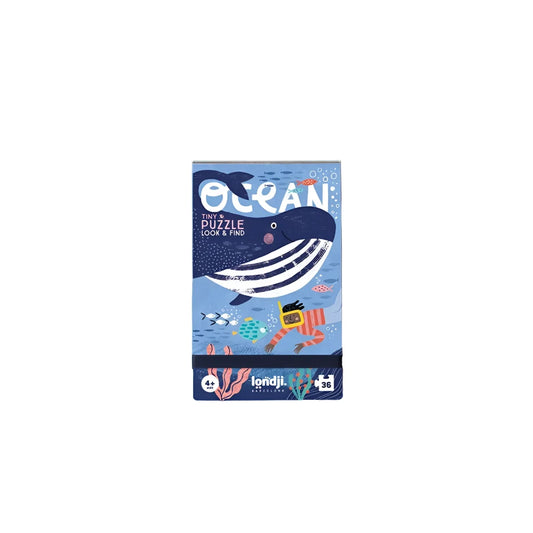 Blaue Kartonbox für Londji Ozean Tiny Puzzle mit Wal und Unterwasser-Szene