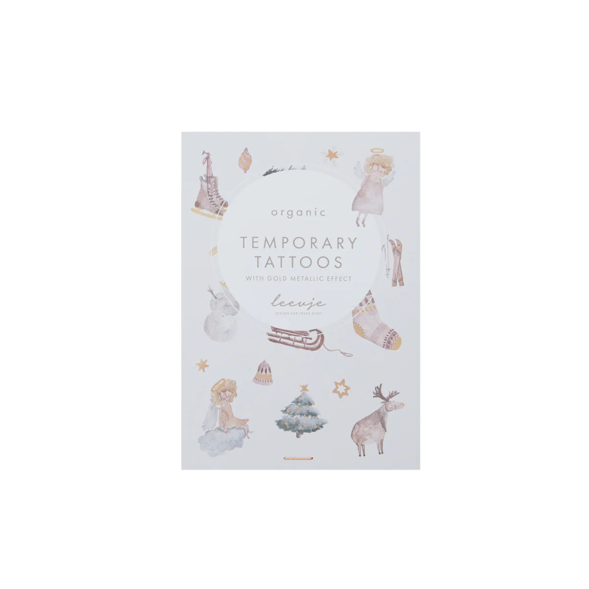 Organische temporäre Tattoos mit winterlichen Designs und Goldfolie für Weihnachten