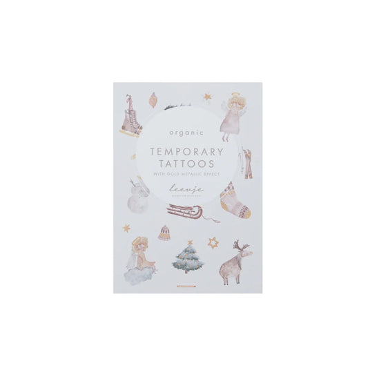 Organische temporäre Tattoos mit winterlichen Designs und Goldfolie für Weihnachten