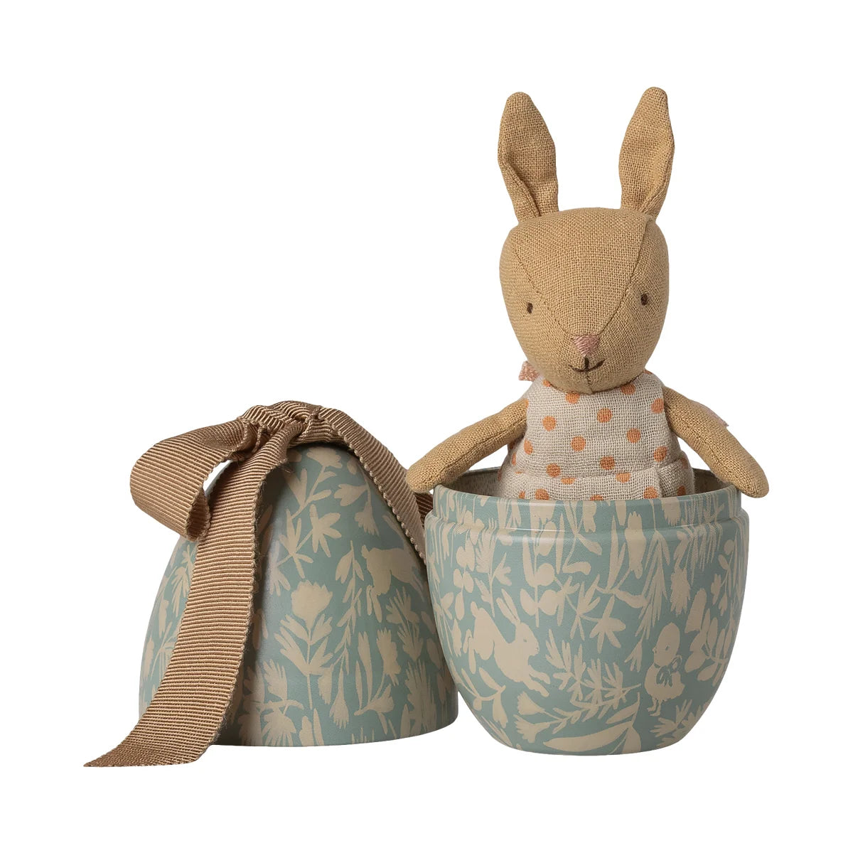 Osterei Klein mit Mikro Kaninchen Dusty Blue: pastellblaue Eierform mit Blumenmuster