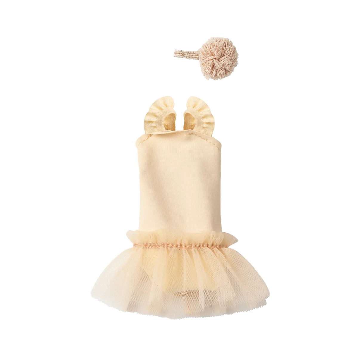 Zartes cremefarbenes Baby-Outfit Grösse 1: Ballettanzug mit Rock und Pompon-Haargummi