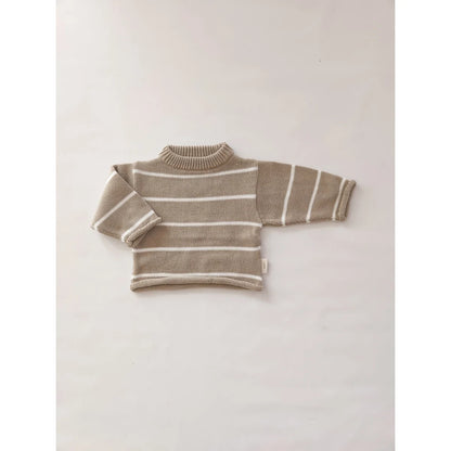 Beige gestreifter Strickpullover mit langen Ärmeln im Oversize-Stil
