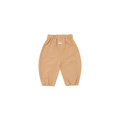 Tan und beige gestreifte babyhose mit elastischem bund aus weichem material copper stripes