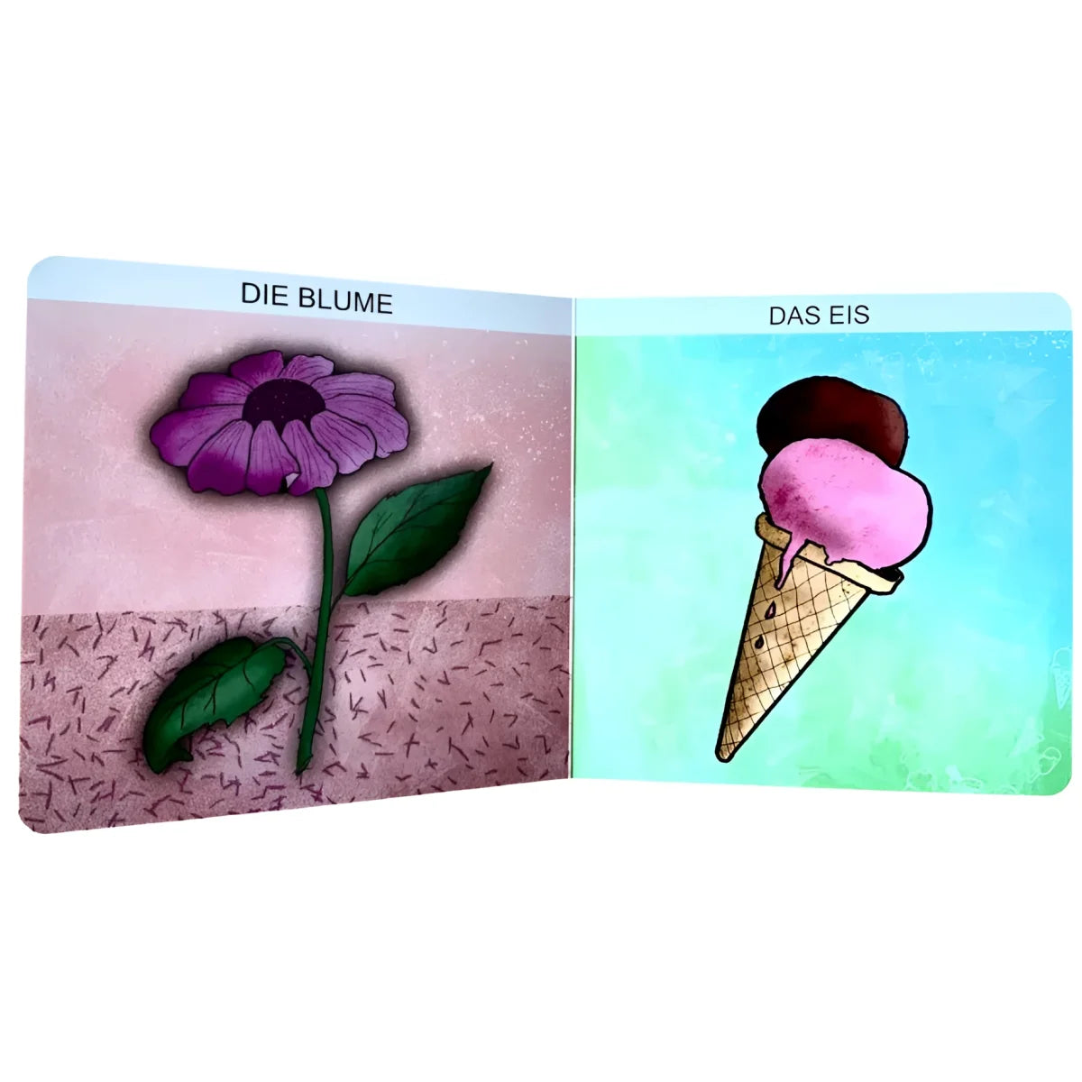 Offenes Bilderbuch mit Blumen und Eiskrem-Illustrationen für kleine Kinder